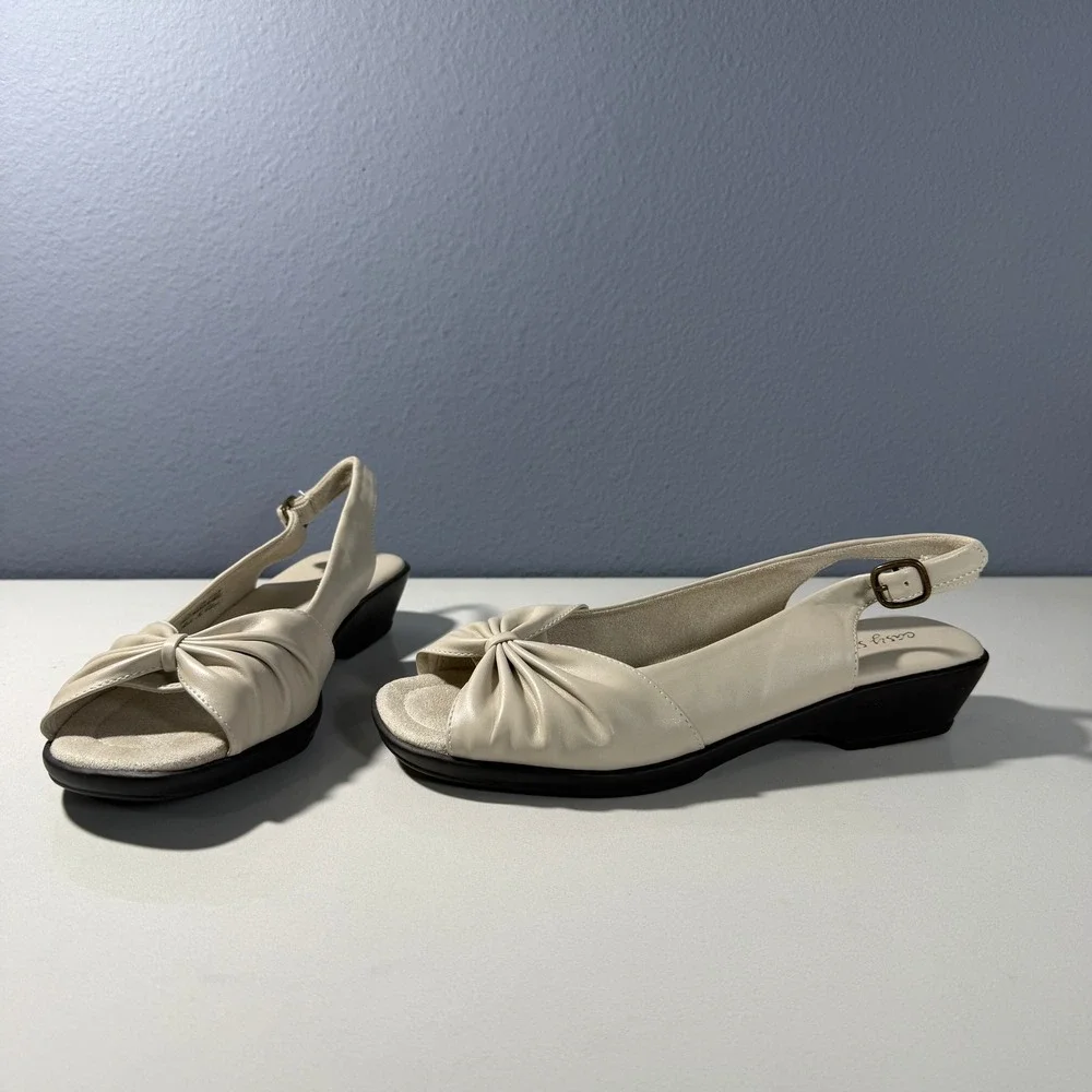 Easy Street‎ Womens 9.5 N Cream Slingback Wedge Sandals Ruched Peep Toe 30-5294